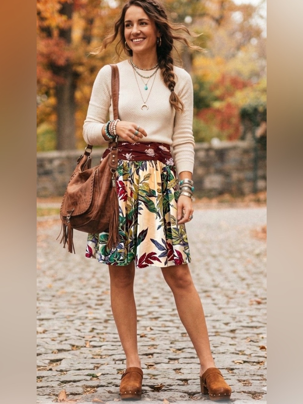 Kimmiko Tropical Print A-Line Skirt with Brown Waistband - Boutique